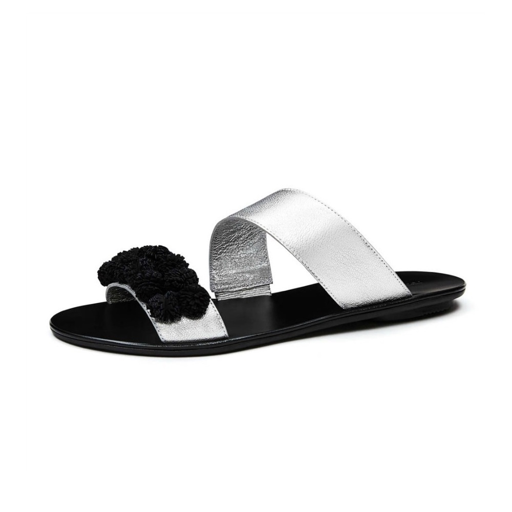 LIKE NEW Loeffler Randall Clem Black Pompom Silver Flat Sandals Slides 8